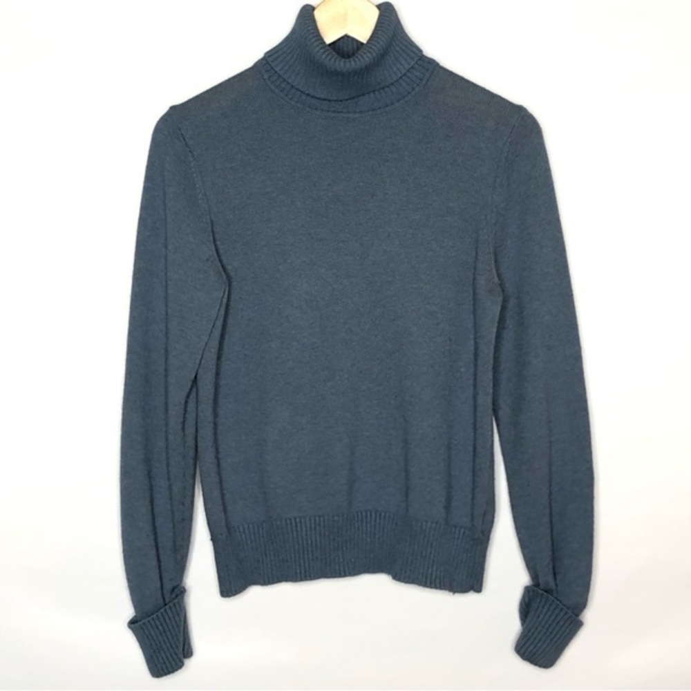 Eddie Bauer Blue Gray Ribbed Knit Turtleneck Sweater Medium Cotton Nylon Angora